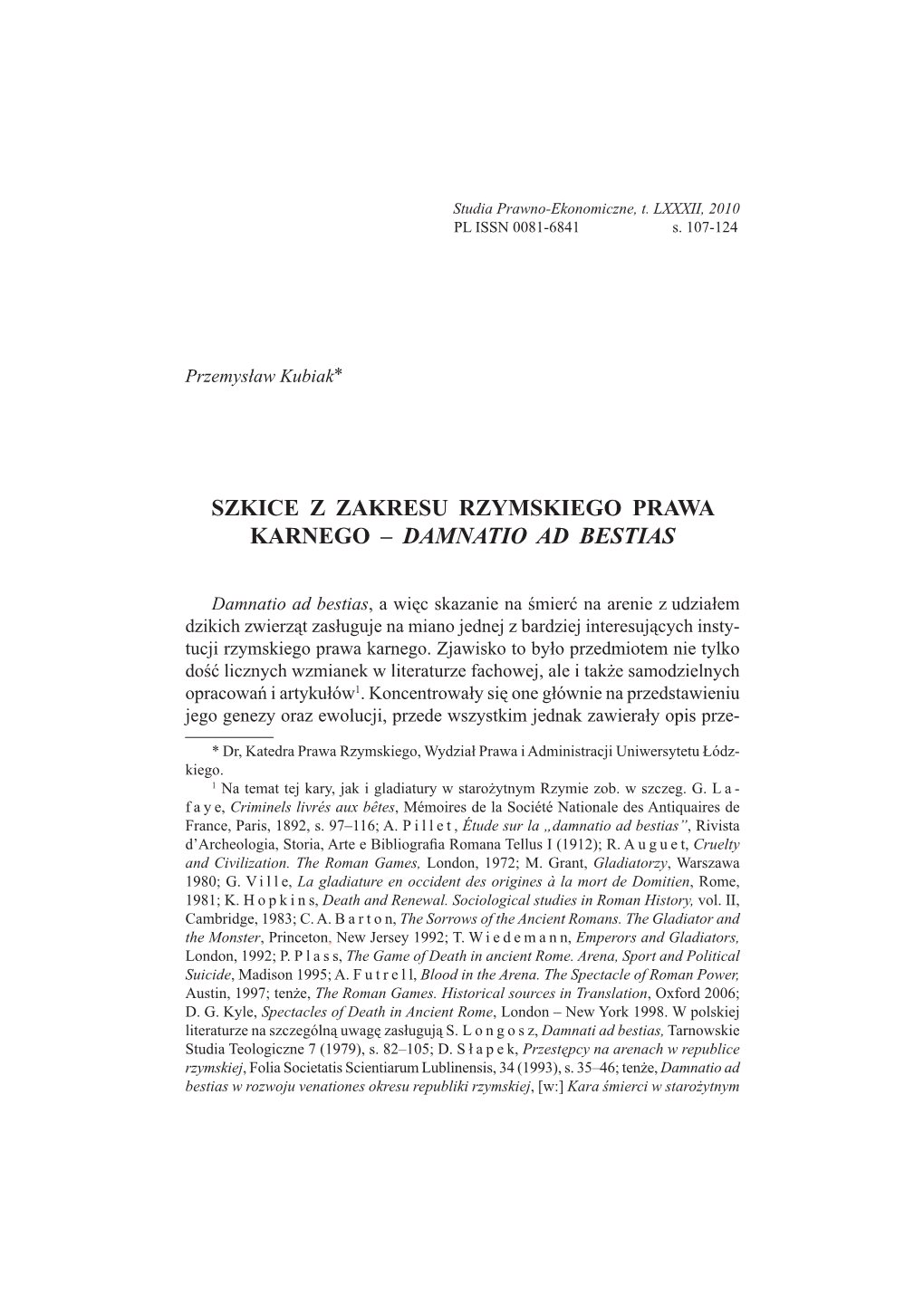 Szkice Z Zakresu Rzymskiego Prawa Karnego – Damnatio Ad Bestias