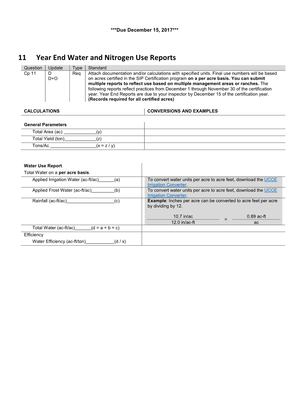 11 Year End Water and Nitrogen Use Reports Question Update Type Standard Cp 11 D Req Attach Documentation And/Or Calculations with Specified Units