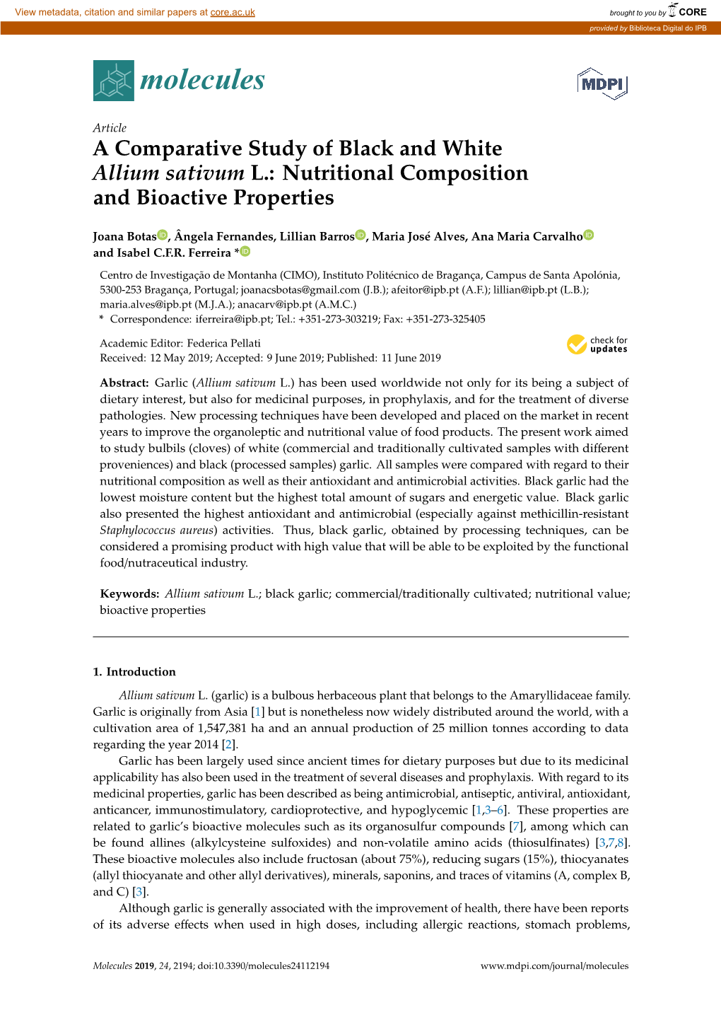 A Comparative Study of Black and White Allium Sativum L.: Nutritional Composition and Bioactive Properties
