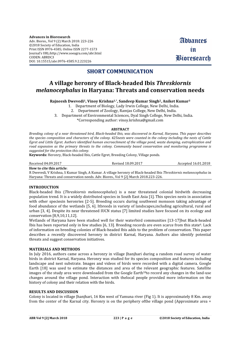 A Village Heronry of Black-Headed Ibis Threskiornis Melanocephalus in Haryana: Threats and Conservation Needs