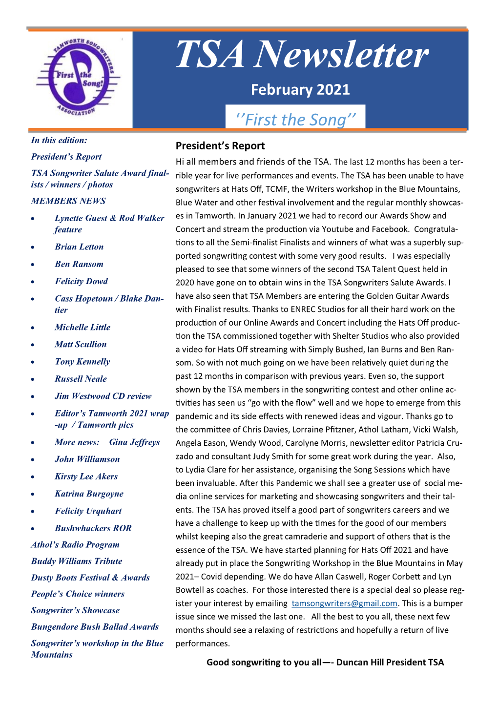 TSA Newsletter February 2021