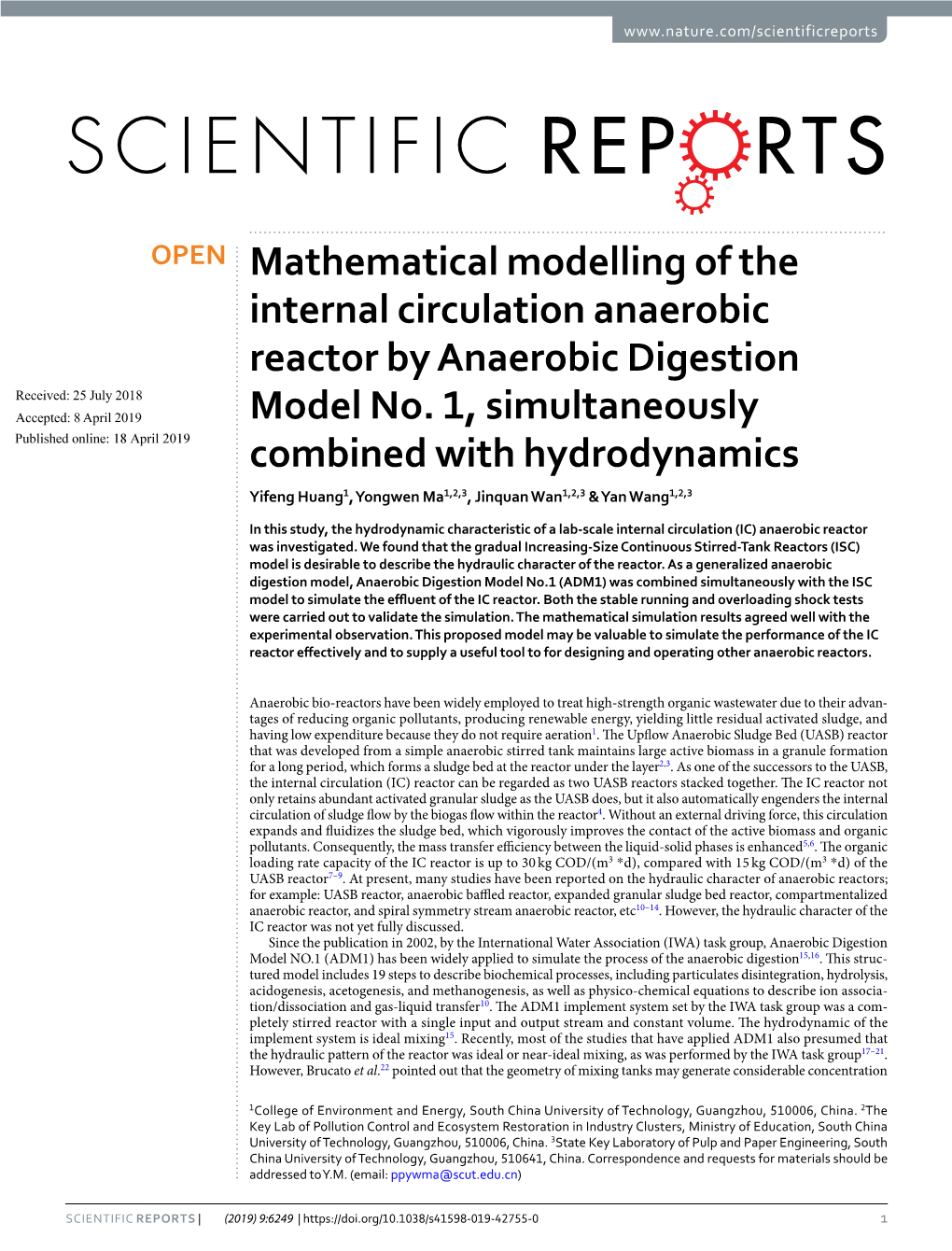 Mathematical Modelling of the Internal Circulation Anaerobic Reactor by Anaerobic Digestion Received: 25 July 2018 Accepted: 8 April 2019 Model No