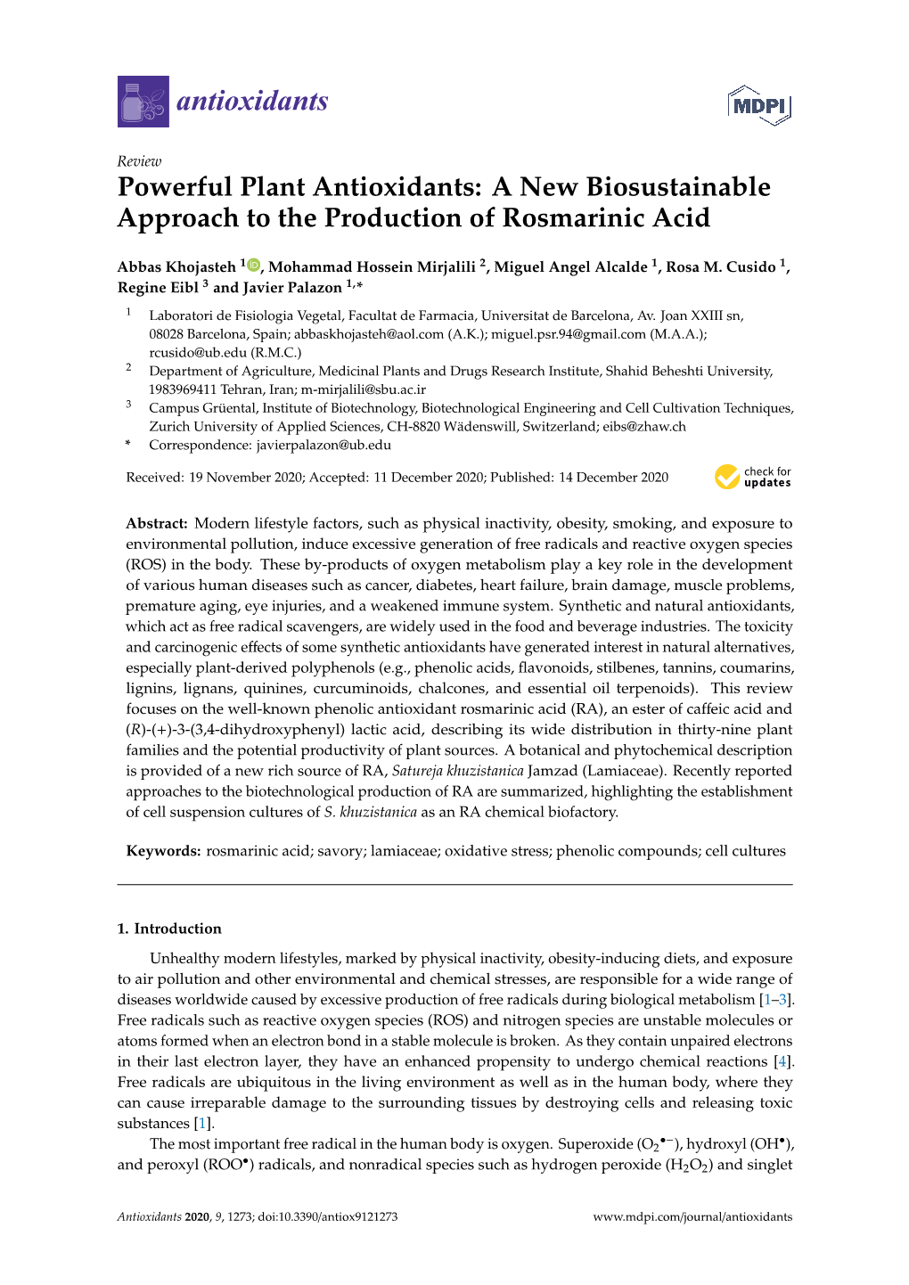 Powerful Plant Antioxidants: a New Biosustainable Approach to the Production of Rosmarinic Acid