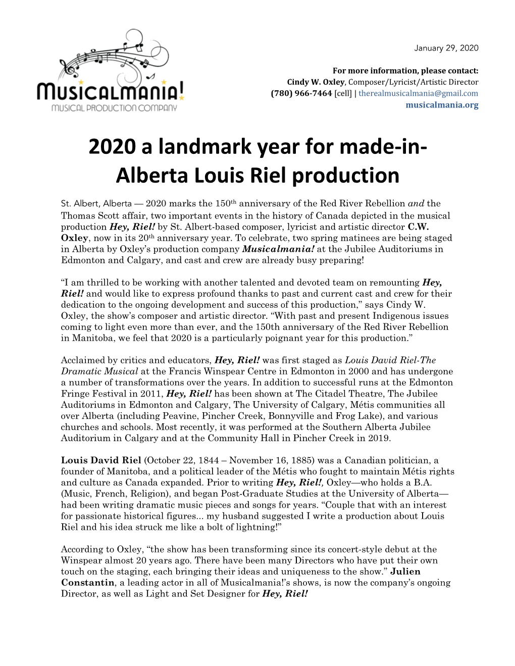 2020 a Landmark Year for Made-‐In-‐ Alberta Louis Riel Production