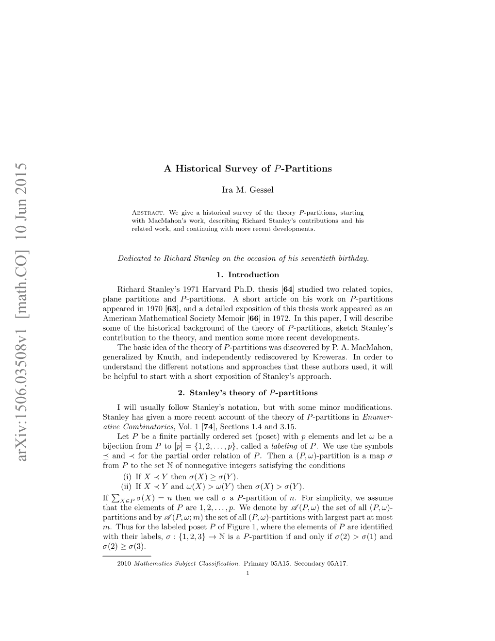 Arxiv:1506.03508V1 [Math.CO] 10 Jun 2015 from P to the Set N of Nonnegative Integers Satisfying the Conditions (I) If X ≺ Y Then Σ(X) ≥ Σ(Y )