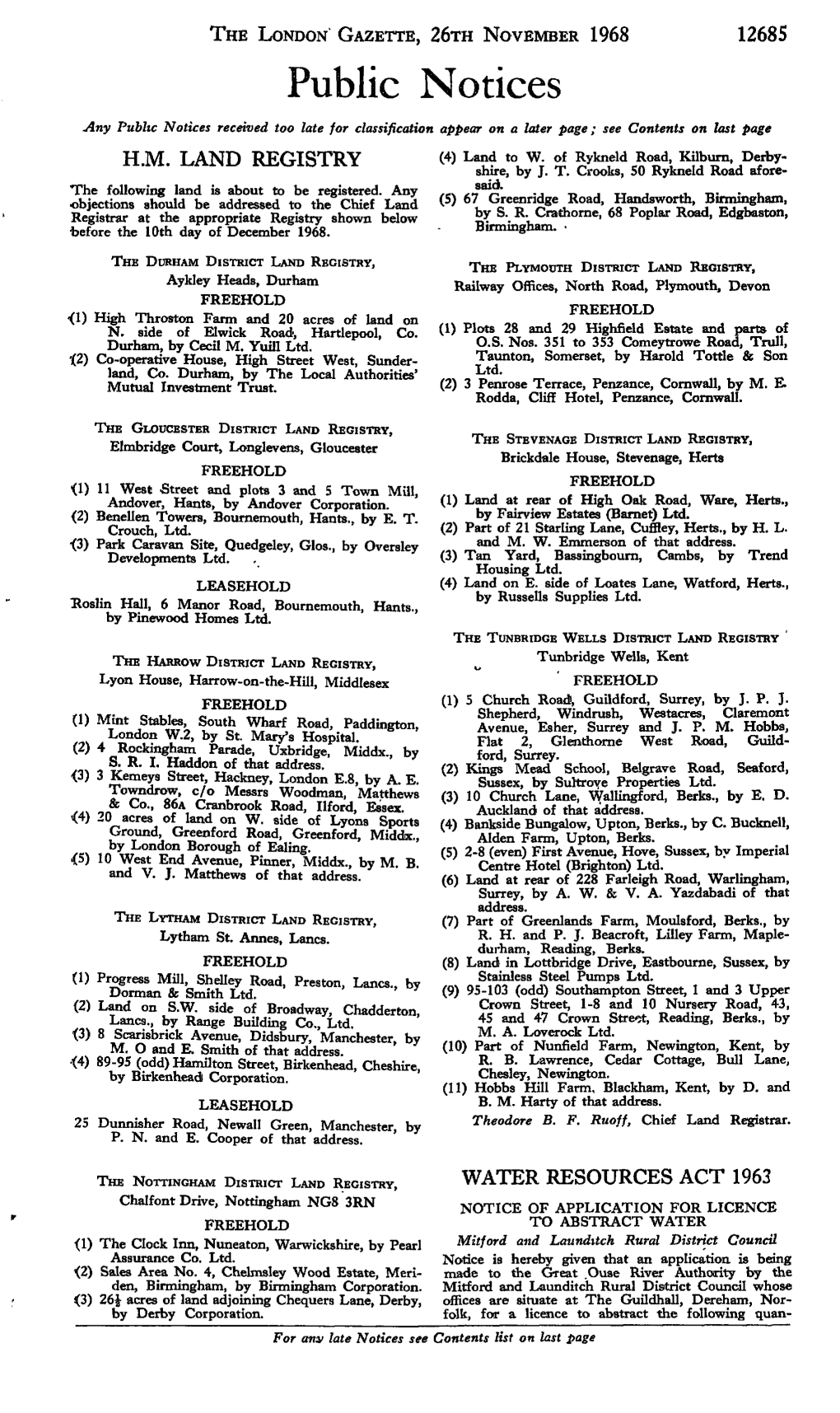 Public Notices Any Public Notices Received Too Late for Classification Appear on a Later Page; See Contents on Last Page (4) Land to W