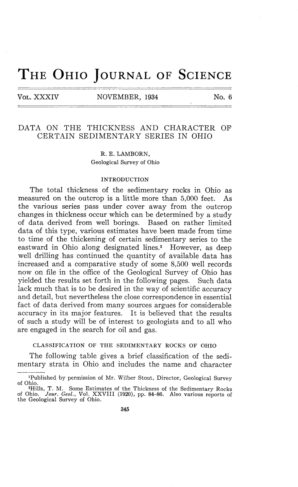 Data on the Thickness and Character of Certain Sedimentary Series in Ohio