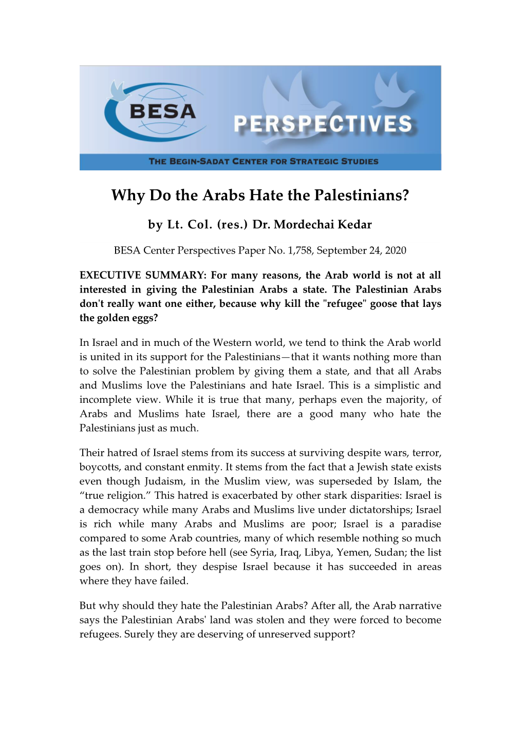 Why Do the Arabs Hate the Palestinians?