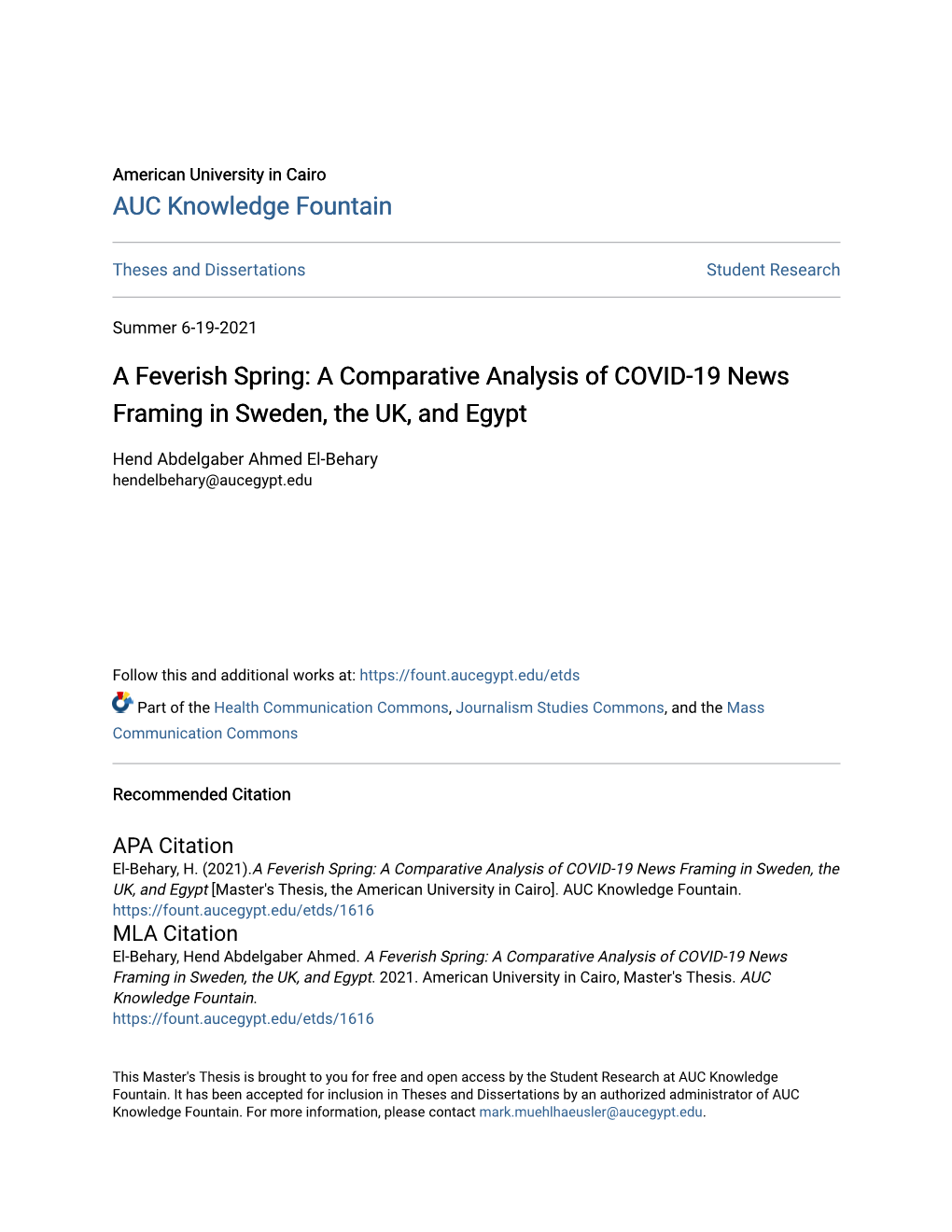 A Comparative Analysis of COVID-19 News Framing in Sweden, the UK, and Egypt