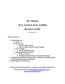 Dvar Torah & Dvar Tefillah Resource Guide