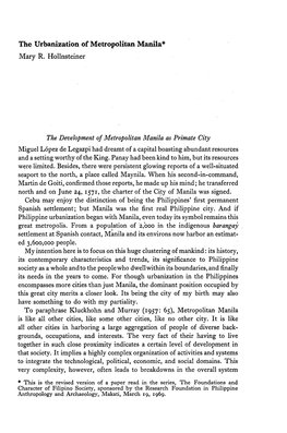 The Urbanization of Metropolitan Manila* Mary R