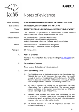 Policy Commission for Business and Infrastructure Notes of Evidence