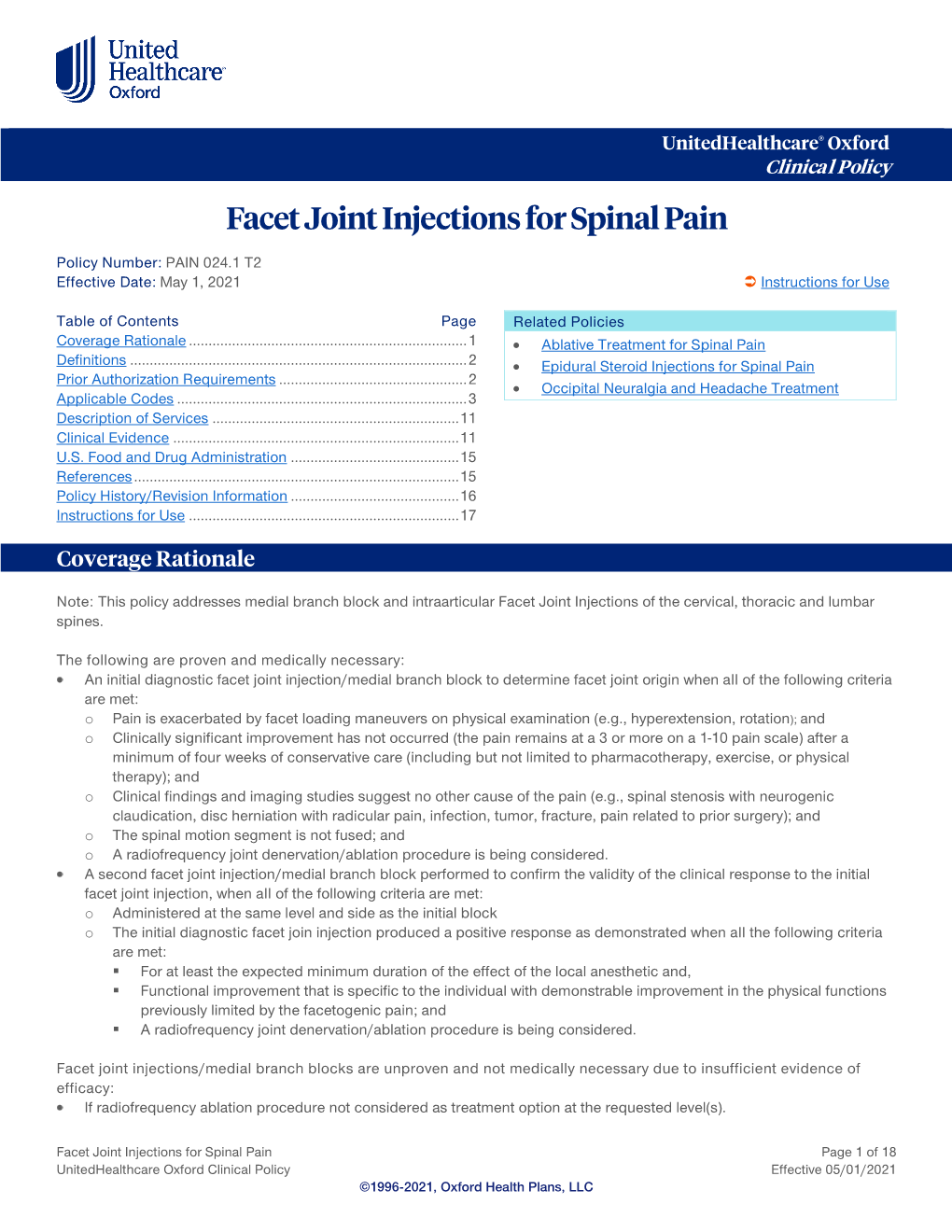 Facet Joint Injections for Spinal Pain
