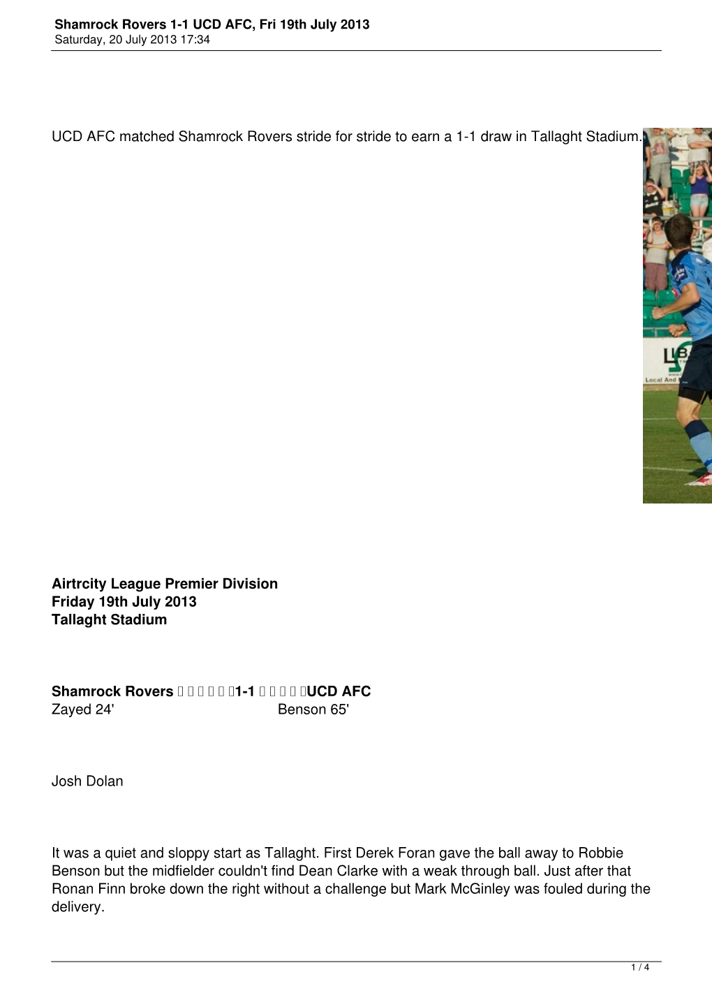 Shamrock Rovers 1-1 UCD AFC, Fri 19Th July 2013 Saturday, 20 July 2013 17:34