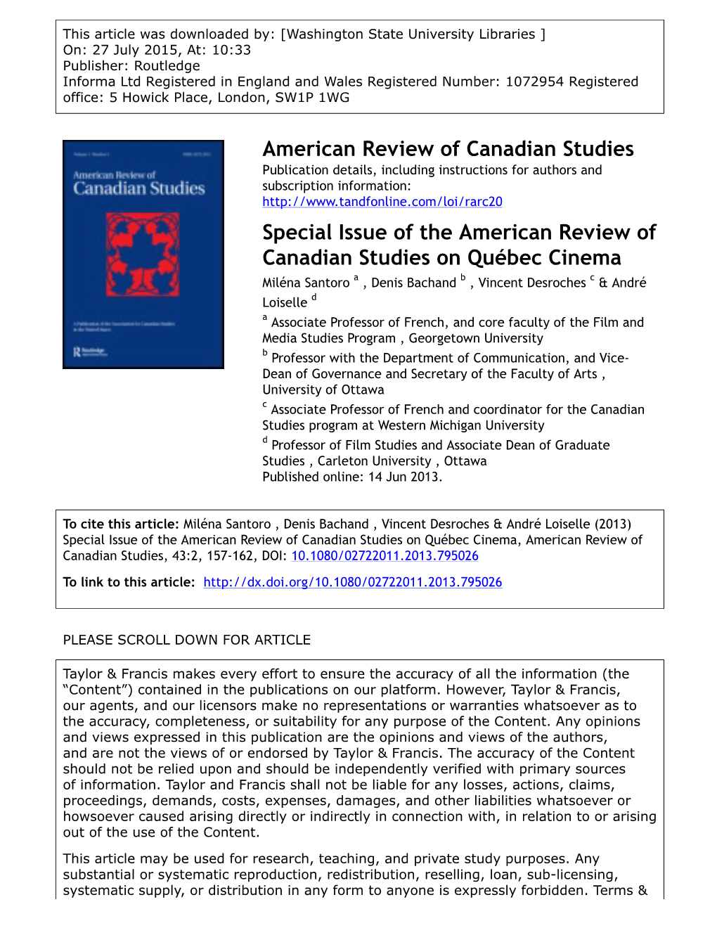 Special Issue of the American Review of Canadian Studies on Québec Cinema