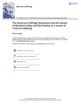 The American Suffrage Movement and the Novels of Marietta Holley and Elia Peattie As a Means of Cultural Lobbying