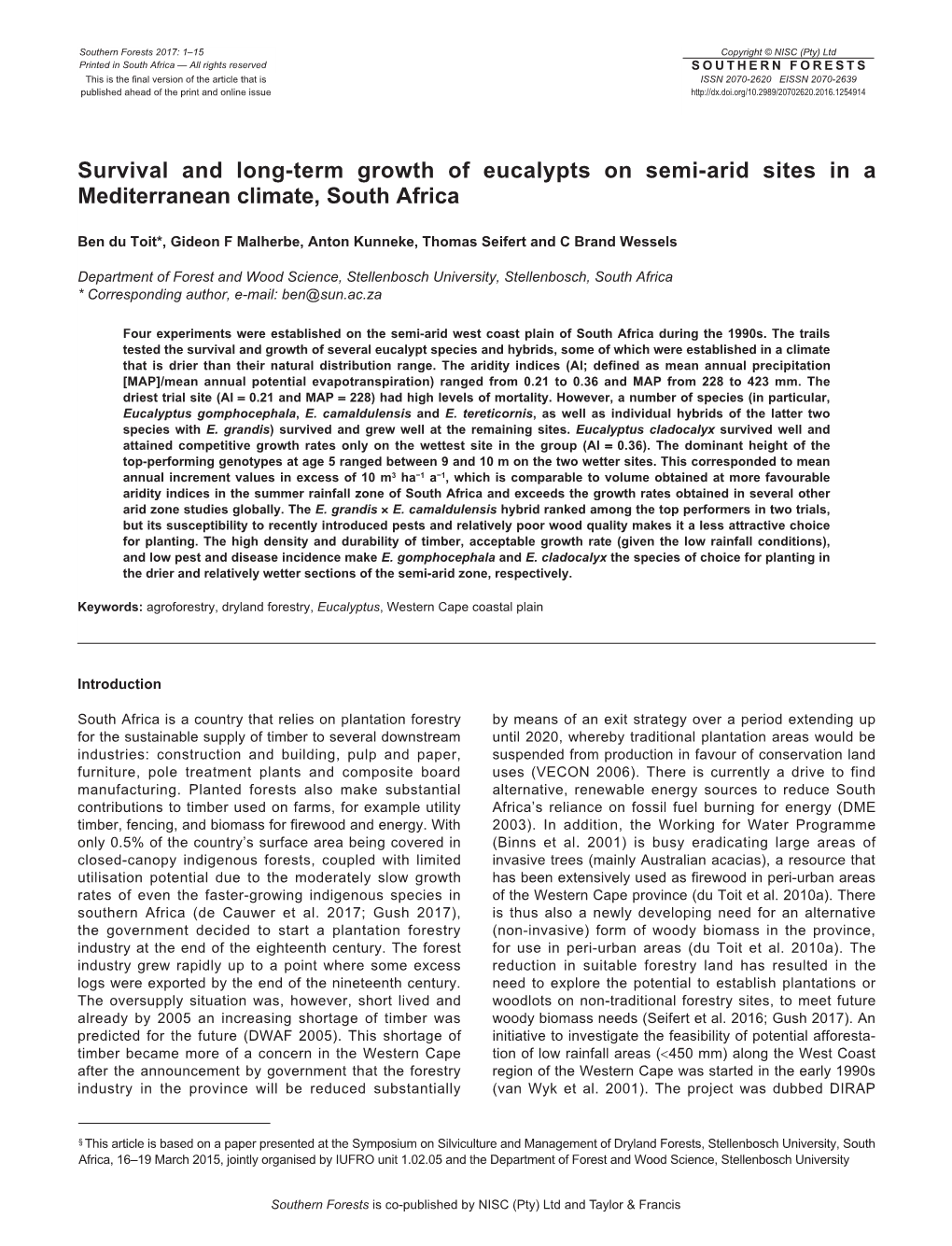 Survival and Long-Term Growth of Eucalypts on Semi-Arid Sites in a Mediterranean Climate, South Africa