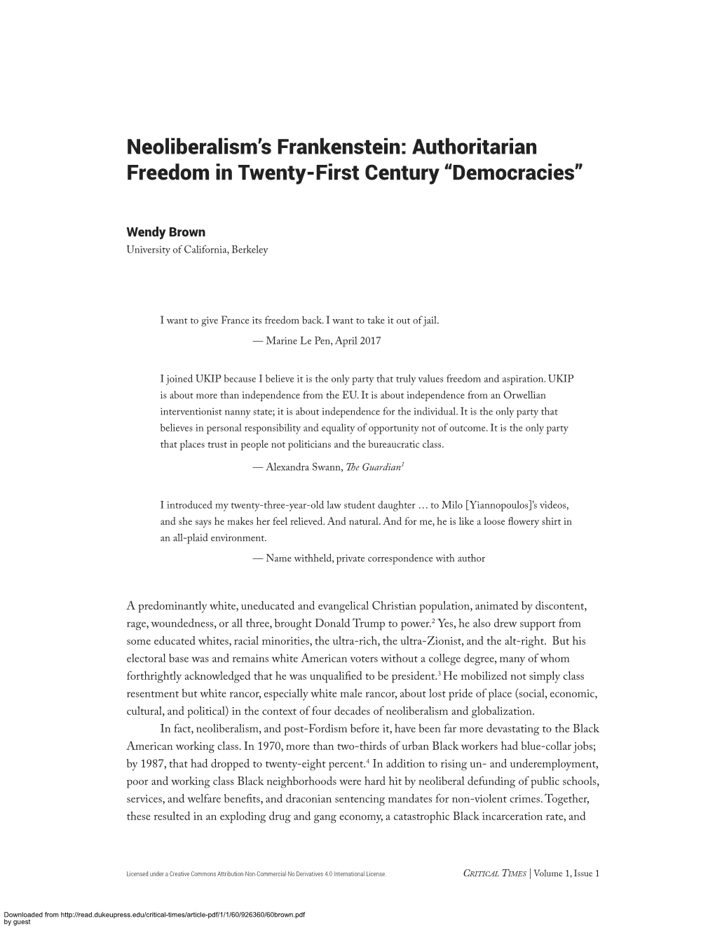 Neoliberalism's Frankenstein: Authoritarian Freedom in Twenty