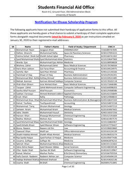 Students Financial Aid Office Room # 2, Ground Floor, Old Administration Block University of Karachi