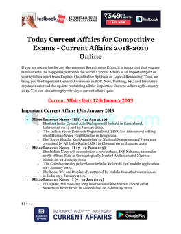 Today Current Affairs for Competitive Exams - Current Affairs 2018-2019 Online