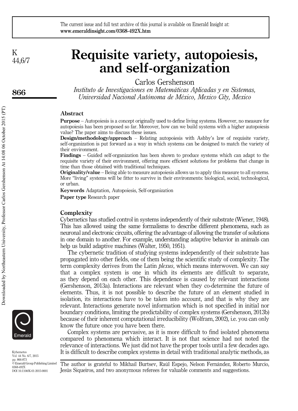 Requisite Variety, Autopoiesis, and Self-Organization