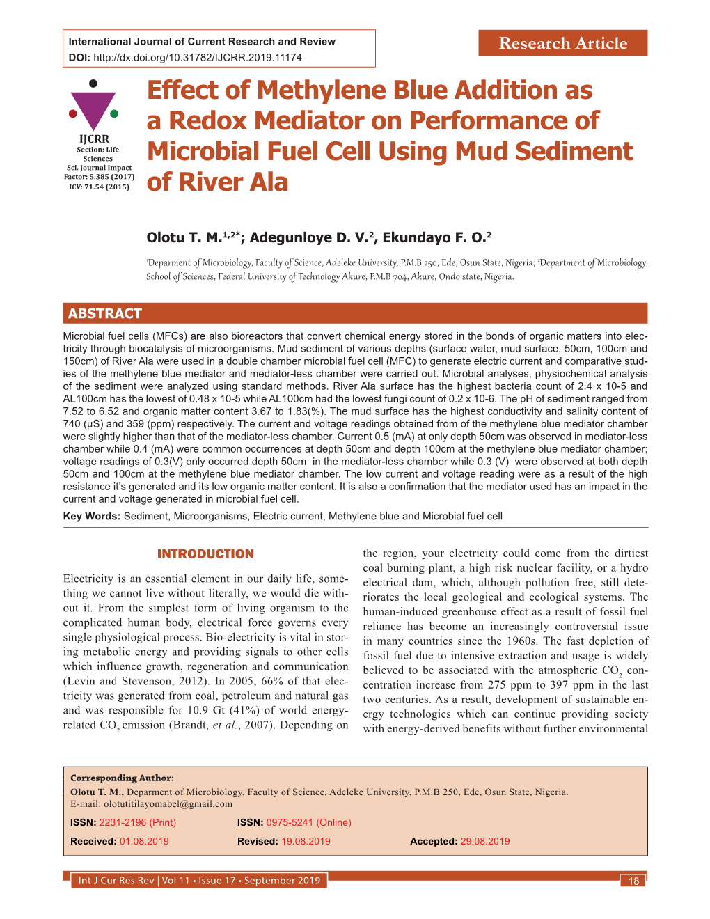 Effect of Methylene Blue Addition As a Redox Mediator on Performance of IJCRR Section: Life Sciences Sci