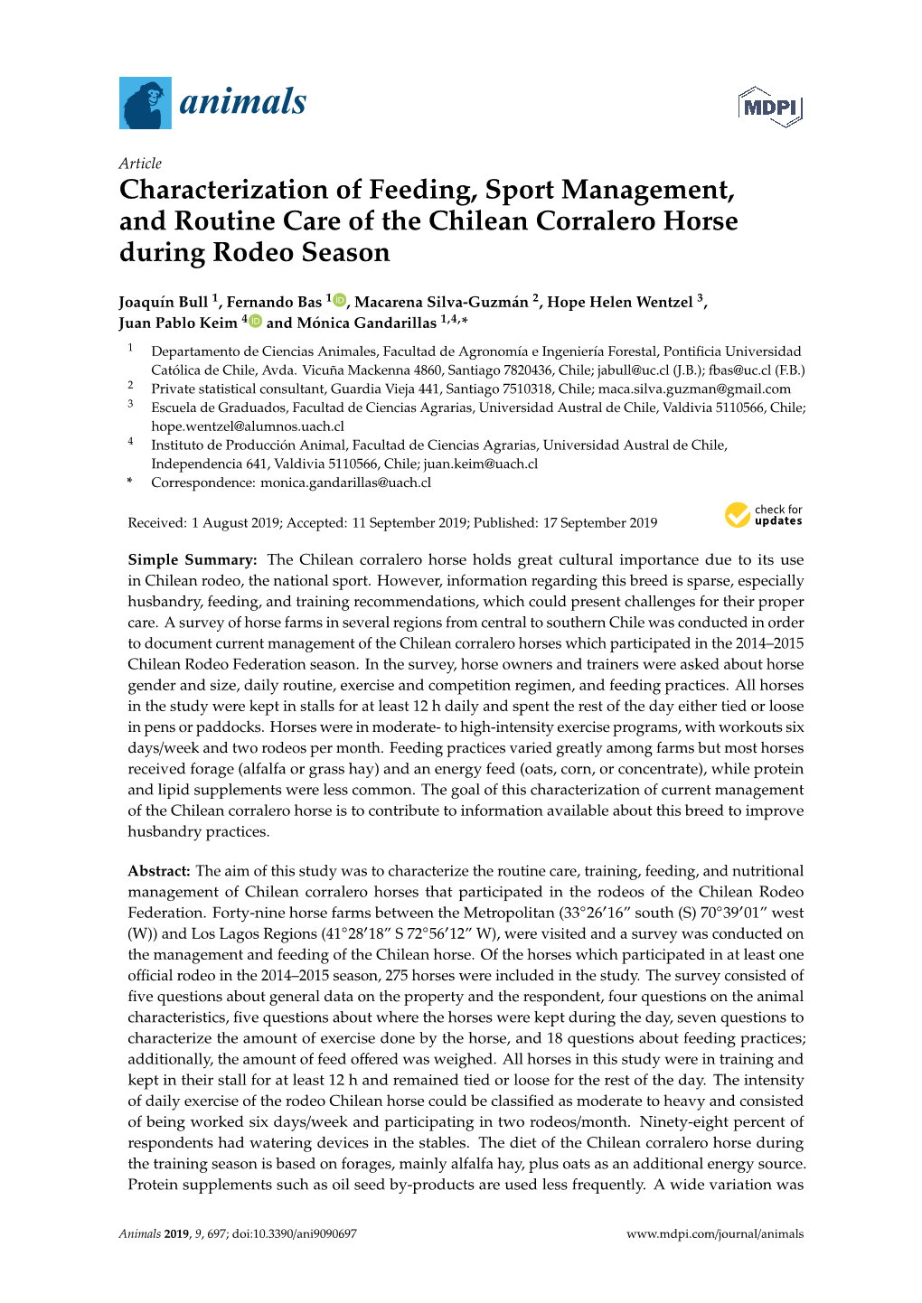 Characterization of Feeding, Sport Management, and Routine Care of the Chilean Corralero Horse During Rodeo Season