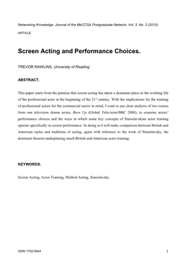 Screen Acting and Performance Choices