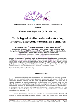 Toxicological Studies on the Red Cotton Bug, Dysdercus Koenigii Due to Chemical Lufenuron