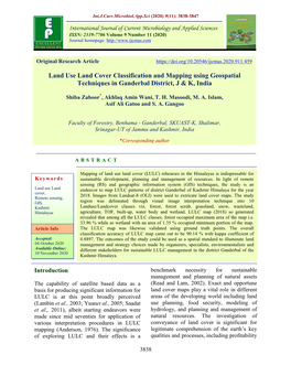 Land Use Land Cover Classification and Mapping Using Geospatial Techniques in Ganderbal District, J & K, India