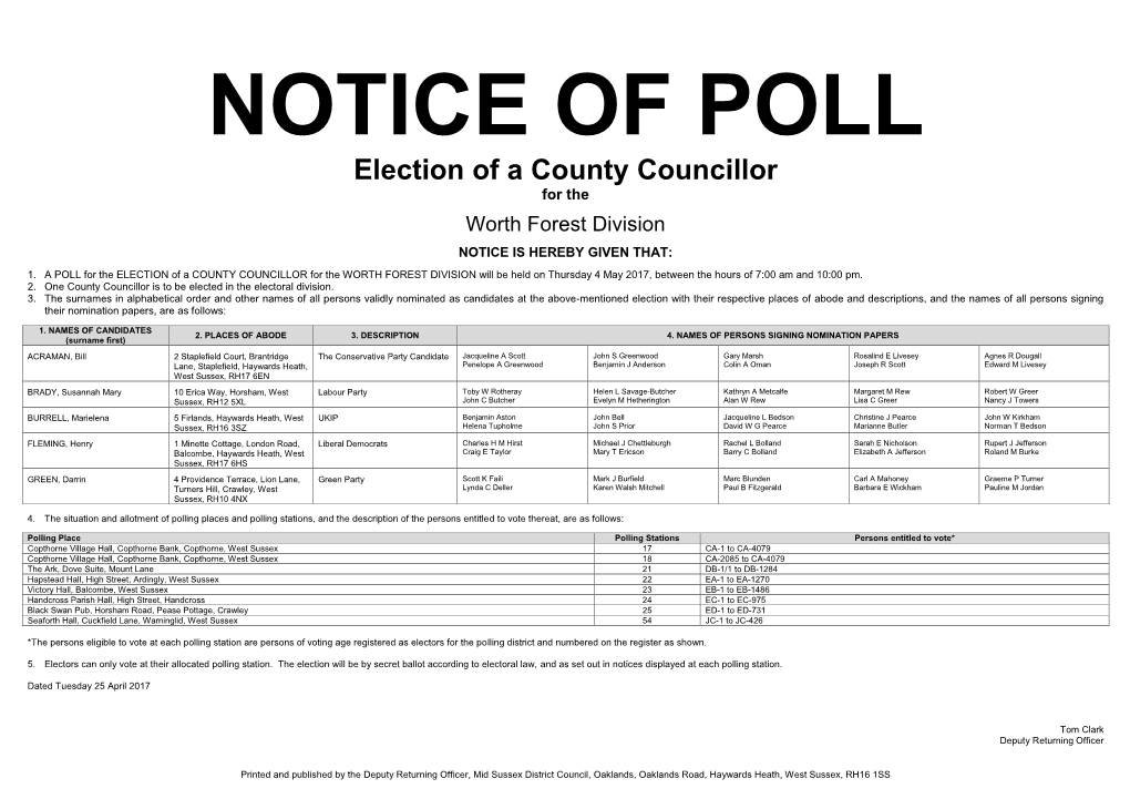 NOTICE of POLL Election of a County Councillor for The