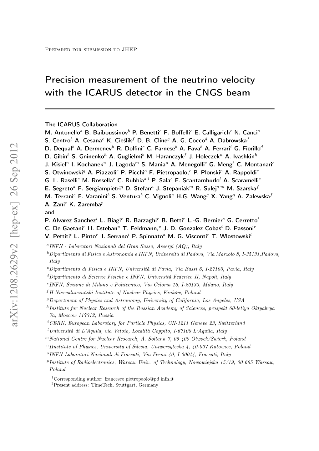 Arxiv:1208.2629V2 [Hep-Ex] 26 Sep 2012 Luniversità Di L’Aquila, Via Vetoio, Località Coppito, I-67100 L’Aquila, Italy Mnational Centre for Nuclear Research, A