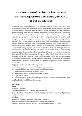 Announcement of the Fourth International Grassland Agriculture Conference (4Th IGAC) (First Circulation)