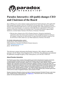 Paradox Interactive AB (Publ) Changes CEO and Chairman of the Board