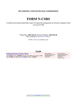 Federated Hermes Adviser Series Form N-CSRS Filed 2021-04-26