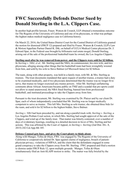 FWC Successfully Defends Doctor Sued by Donald Sterling in the L.A. Clippers Case