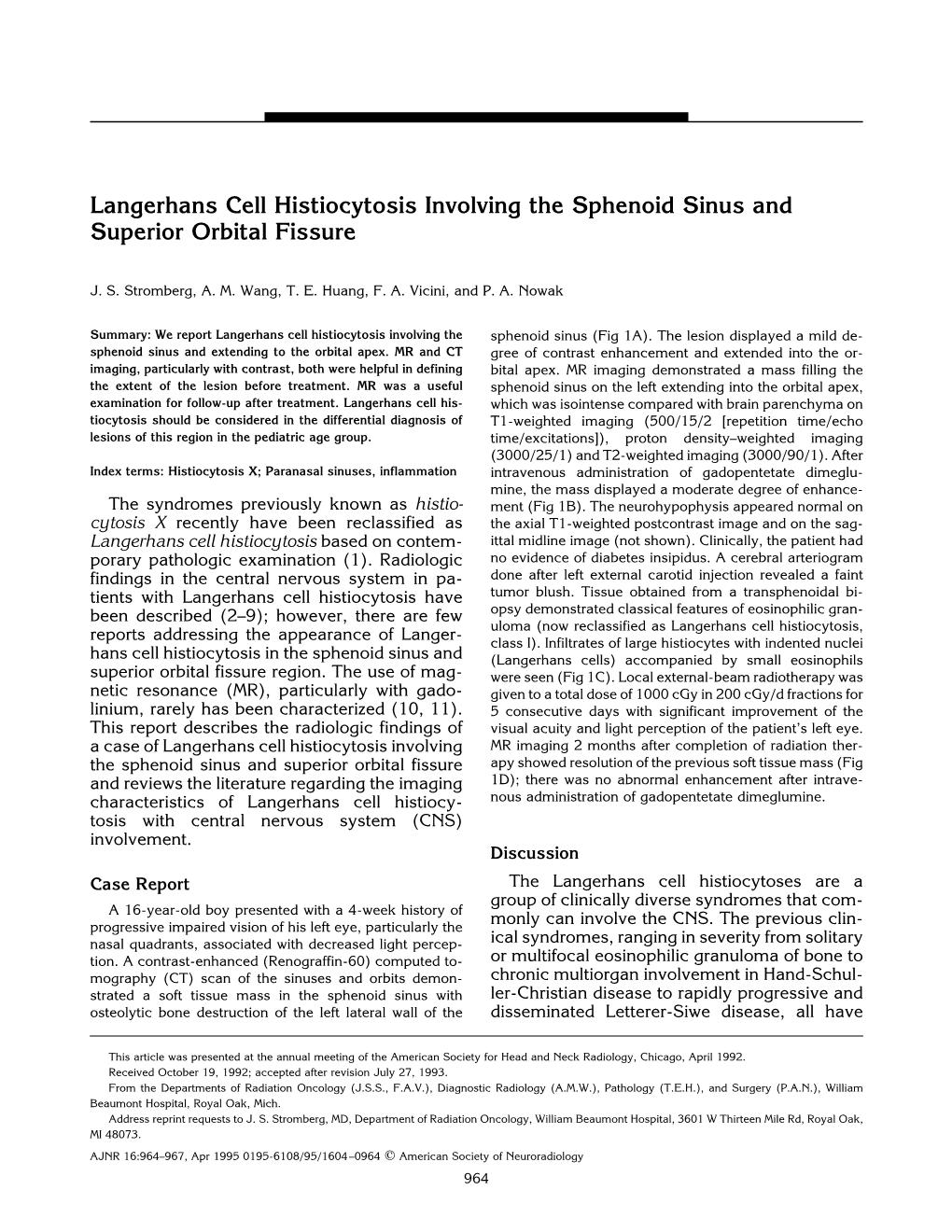 Langerhans Cell Histiocytosis Involving the Sphenoid Sinus and Superior Orbital Fissure