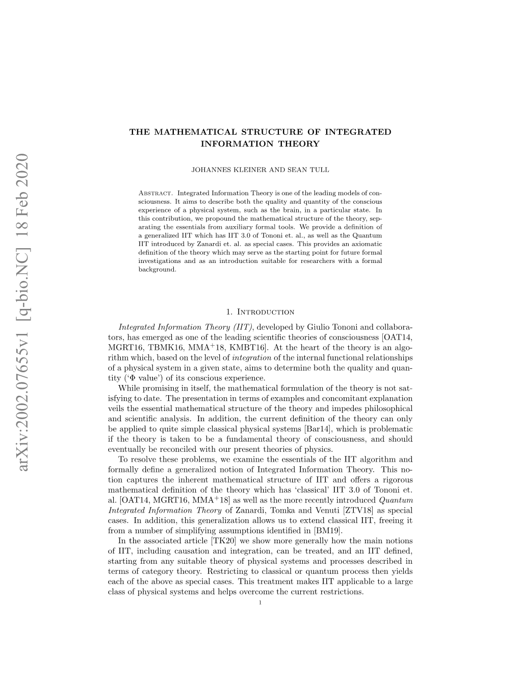 Arxiv:2002.07655V1 [Q-Bio.NC]