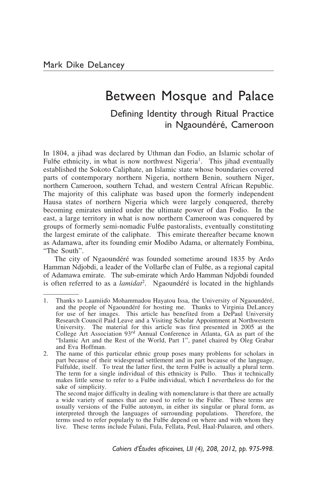 Between Mosque and Palace Defining Identity Through Ritual Practice in Ngaoundéré, Cameroon