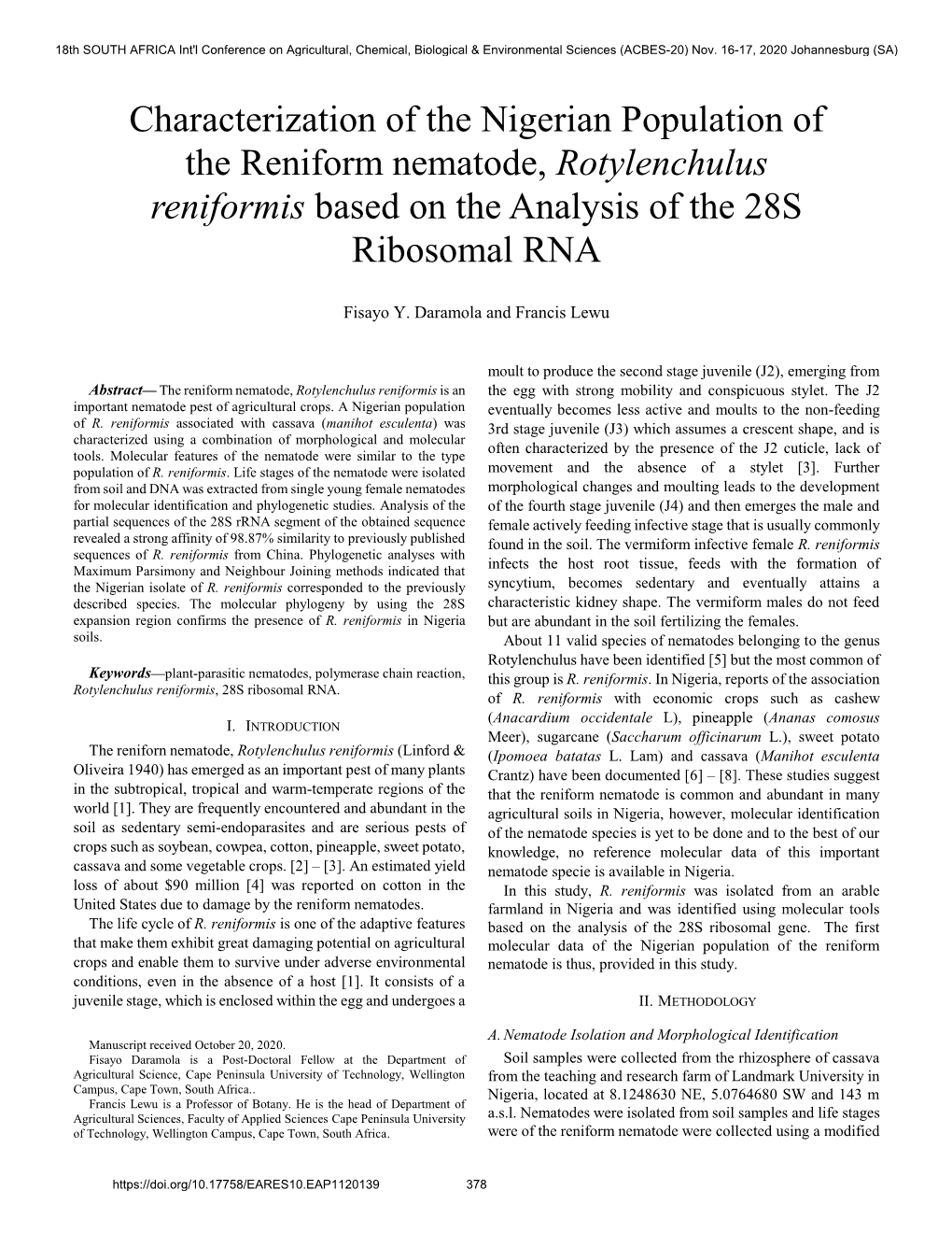 Characterization of the Nigerian Population of the Reniform Nematode, Rotylenchulus Reniformis Based on the Analysis of the 28S Ribosomal RNA