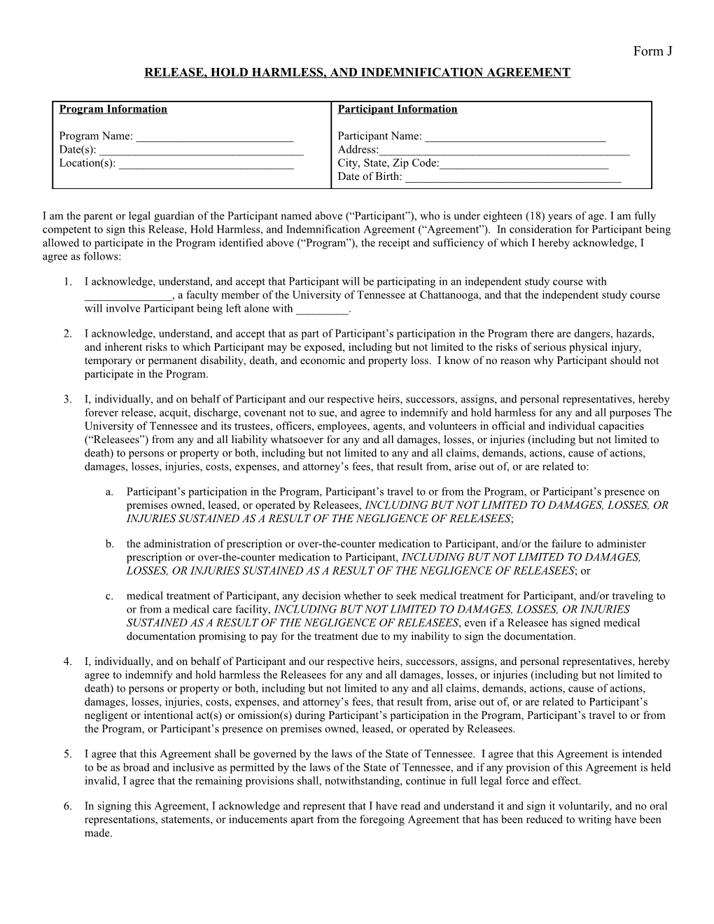 Participant Waiver and Hold Harmless Form s1