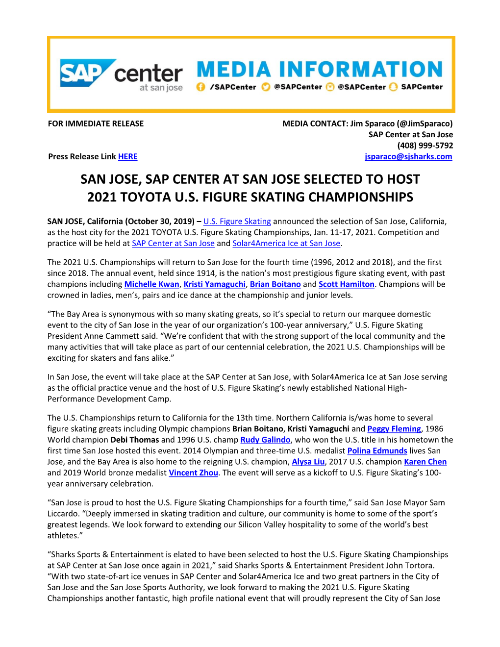 San Jose, Sap Center at San Jose Selected to Host 2021 Toyota U.S