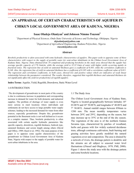 An Appraisal of Certain Characteristics of Aquifer in Chikun Local Government Area of Kaduna, Nigeria