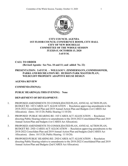 Agenda 1St Floor Council Conference Room, City Hall City of New Rochelle Committee of the Whole Session Tuesday, October 13, 2020 3:45 P.M