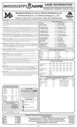 GAME INFORMATION Mississippi Braves Media Relations Department Trustmark Park • 1 Braves Way • Pearl, Ms • 39208