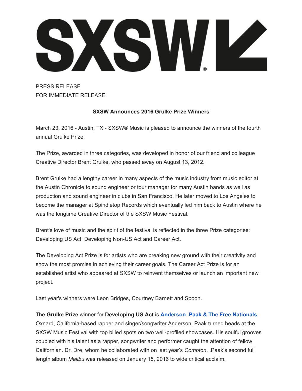 SXSW® Music Is Pleased to Announce the Winners of the Fourth Annual Grulke Prize