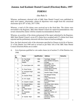Jammu and Kashmir Dental Council (Election) Rules, 1997 FORM-I (See Rule 3)