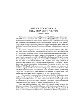 THE ROLE of WOMEN in OKLAHOMA STATE POLITICS Hannah D