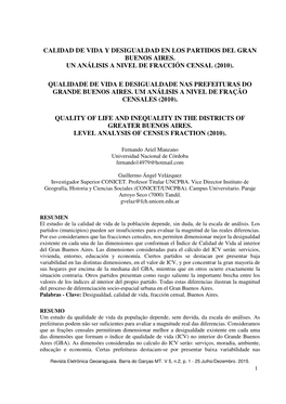 Calidad De Vida Y Desigualdad En Los Partidos Del Gran Buenos Aires. Un Análisis a Nivel De Fracción Censal (2010)