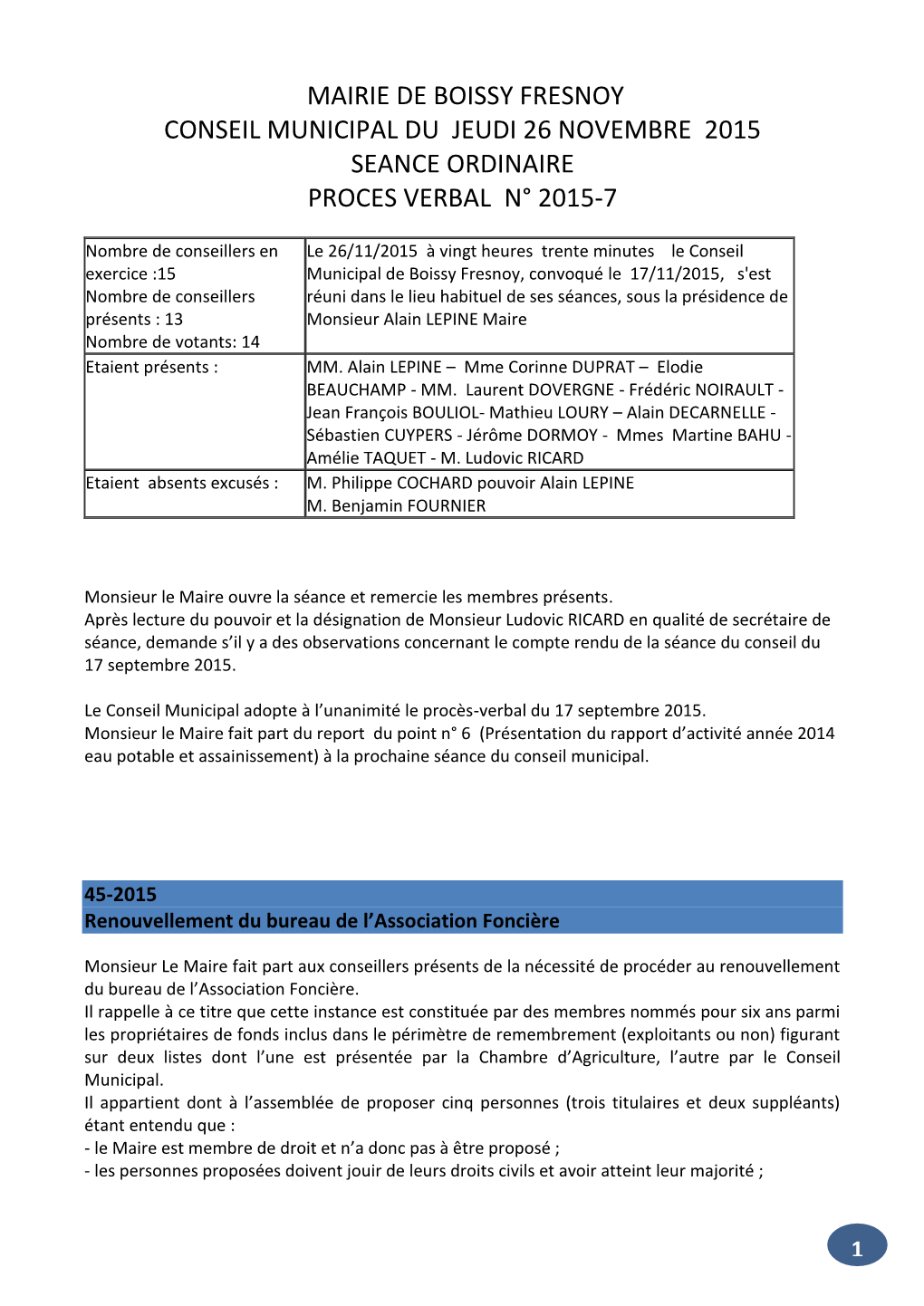 Mairie De Boissy Fresnoy Conseil Municipal Du Jeudi 26 Novembre 2015 Seance Ordinaire Proces Verbal N° 2015-7